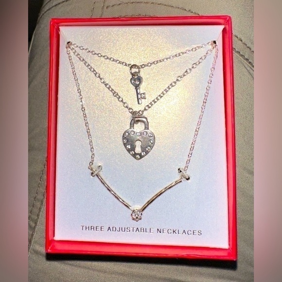 3 For $35 Silver Tone Heart Lock and Key 🔐 3pc Necklace Layering Set CZ Inlay - Picture 1 of 2